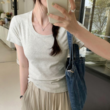基础短款螺纹正肩修身短袖T恤女装韩版2025夏季新款纯色圆领上衣