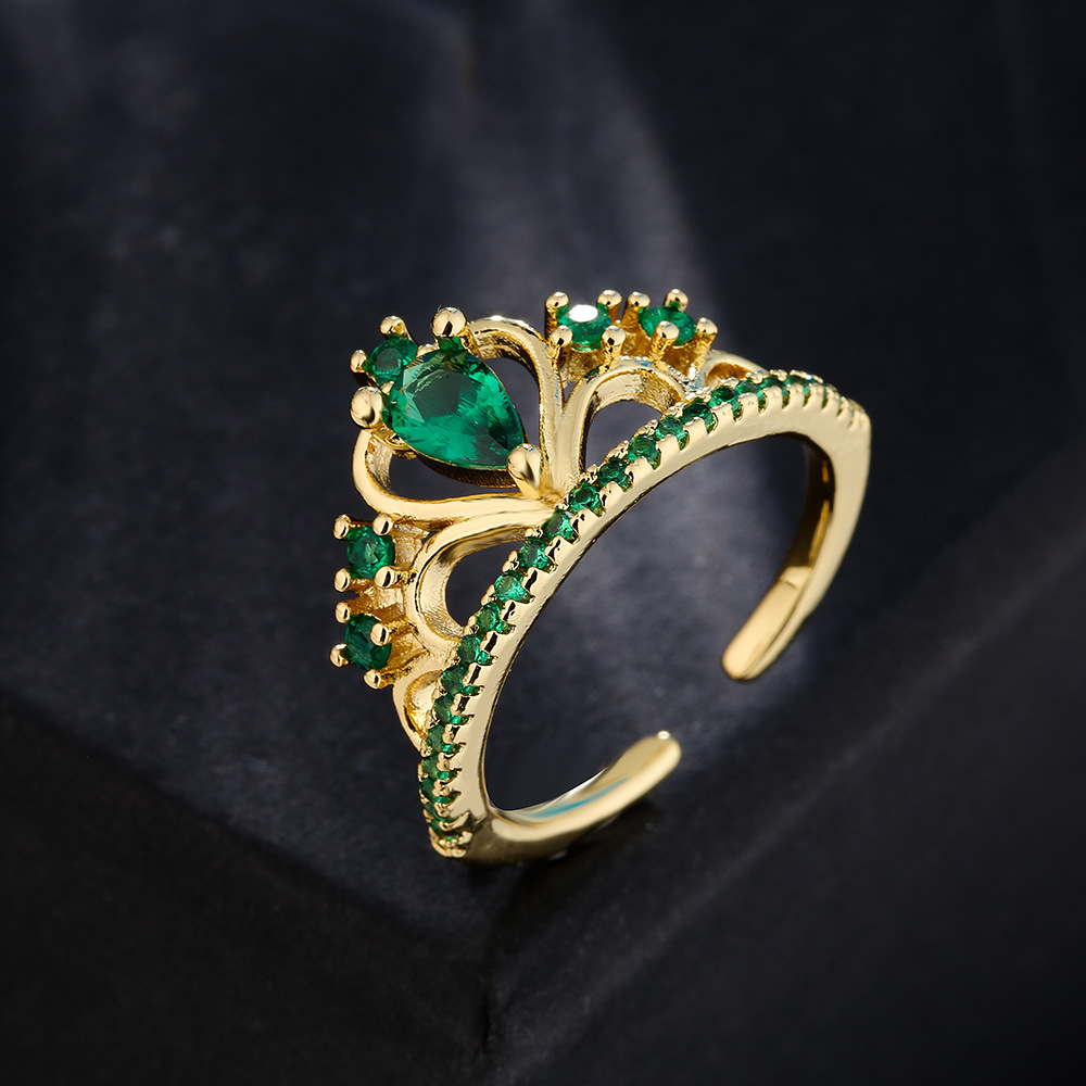 Fashion Copper 18k Gold Micro-set Zircon Crown Heart Emerald Geometric Open Ring display picture 1