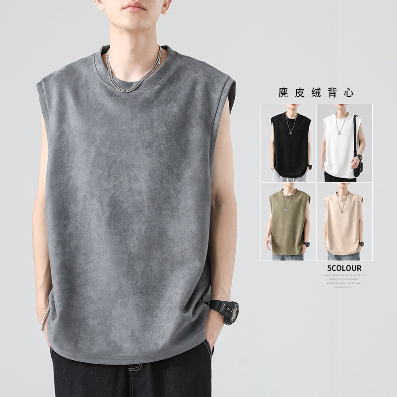 Heavy suede vest men's summer American retro high street fashion brand Japanese loose sports sleeveless waistcoat T-shirt Heavy suede vest men's summer American retro high street fashion brand Japanese loose sports sleeveless waistcoat T-shirt