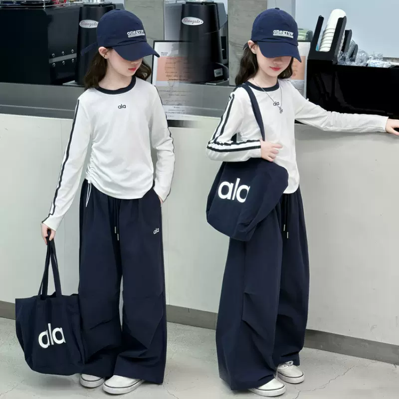 2025秋季新款中大童女童韩版休闲套装百搭长袖T恤 +裤子运动套装