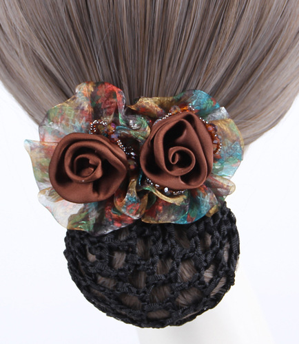 High-end Elegant Double Flower Hairnet Spring Hairpin Female Back of the Head Bun Bun Hairpin Net Bag Middle-aged Head Flower 