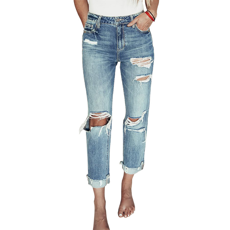 时颖跨境磨皮破洞长裤女亚马逊夏季新款浅色高腰休闲牛仔裤女批发