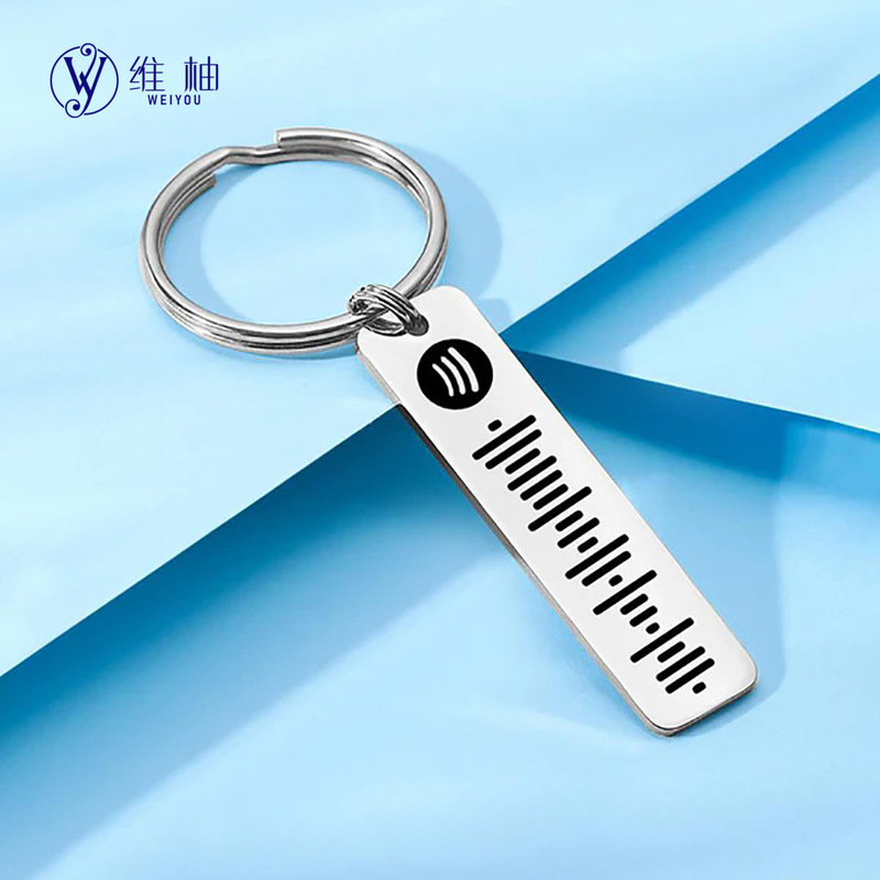 Cross-border European and American new simple Spotify scanning music key ring lettering diy stainless steel mirror keychain