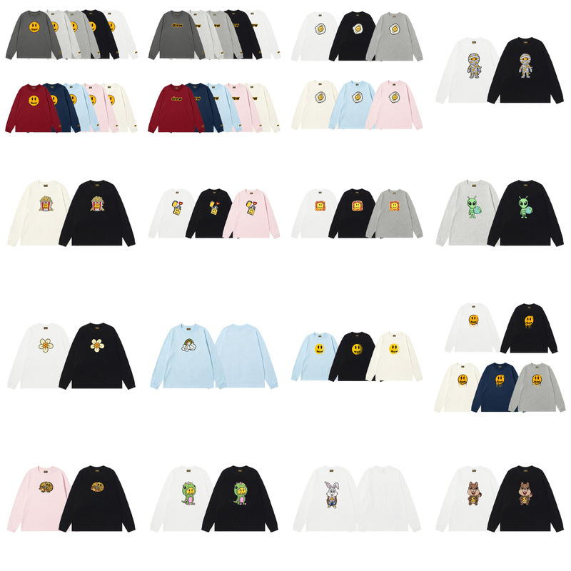 Cross-border trendy Drew smiley face print long-sleeve T-shirt, summer unisex couple's street hip-hop loose-fit base layer Cross-border trendy Drew smiley face print long-sleeve T-shirt, summer unisex couple's street hip-hop loose-fit base layer