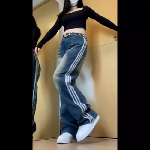 American Retro Side Striped Washed Denim Jeans for Women Spring High-Waisted Straight Leg Loose Slimming Floor-Long Pants