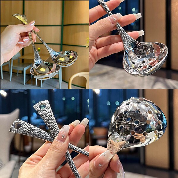 [Pack of 2] Textured Stainless Steel Soup Spoon Colander Set Hot Pot Soup Spoon Home Kitchen