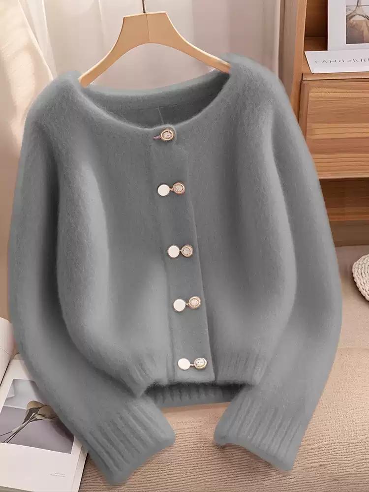 法式温柔软糯慵懒风奶圆领长袖加厚针织毛衣外套冬季穿搭女装