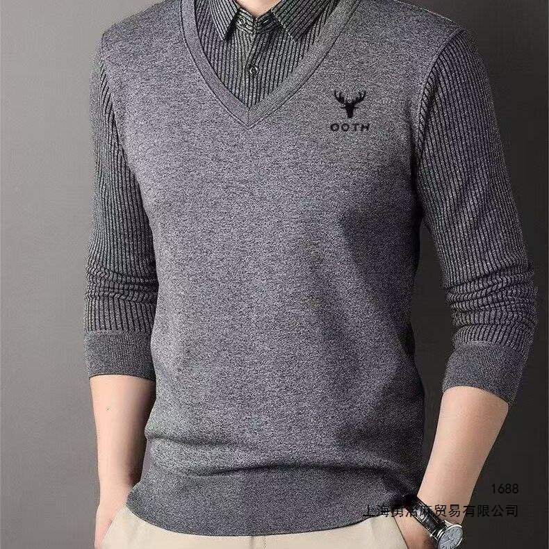 New spring and autumn sweater shirt with thin collar, faux two-piece design, long-sleeved T-shirt, business casual knitwear for young and middle-aged people.