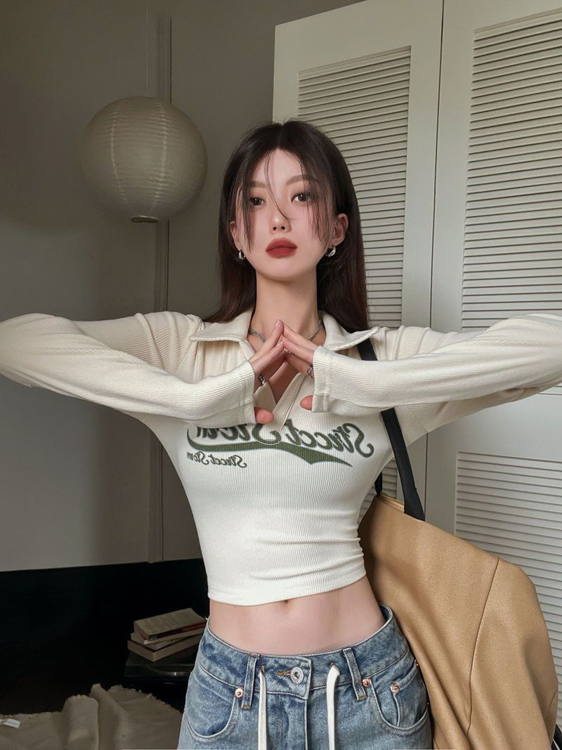 Vintage American Style Hot Girl T-Shirt For Women, Spring And Autumn Long Sleeve Short Jazz Dance Slim Fit Inner Wear_ecoleips.com