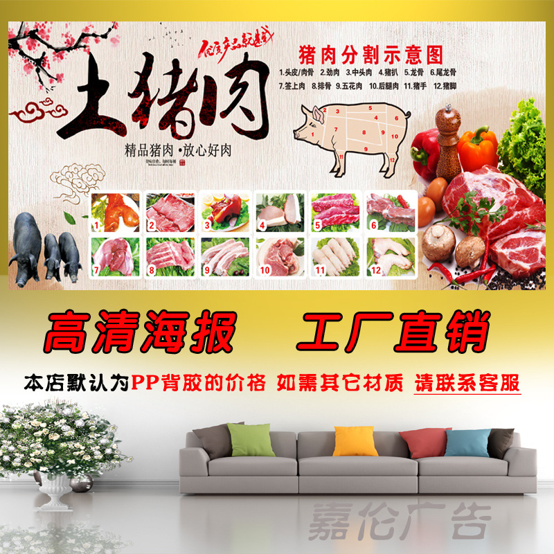 猪肉分割图烧烤店生鲜铺海报贴纸广告宣传画墙贴背胶写真印刷