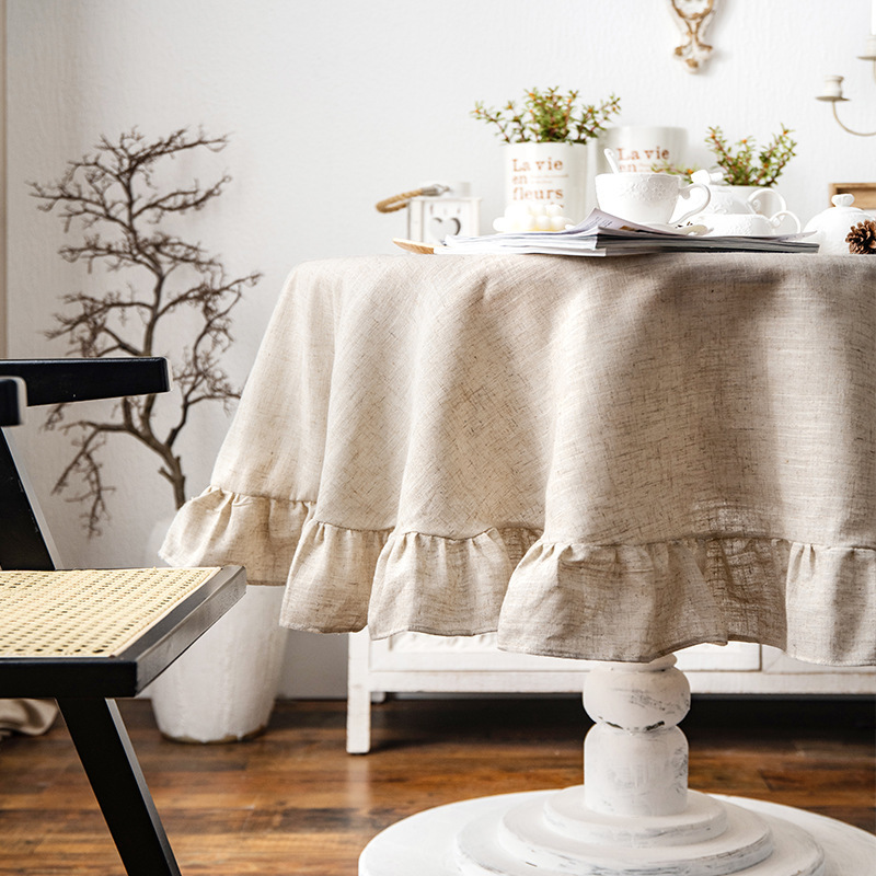 跨境北欧荷叶边圆形桌布纯色棉麻防尘桌罩厨房晚餐野餐桌面装饰