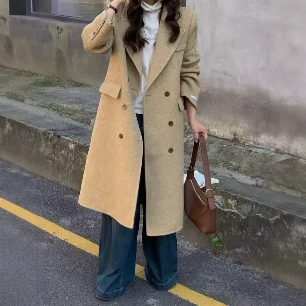 26 가을 겨울 신상품 오버니렝스 슬림핏 롱헤어 헤링본 패턴 양면 울 코트 여성용