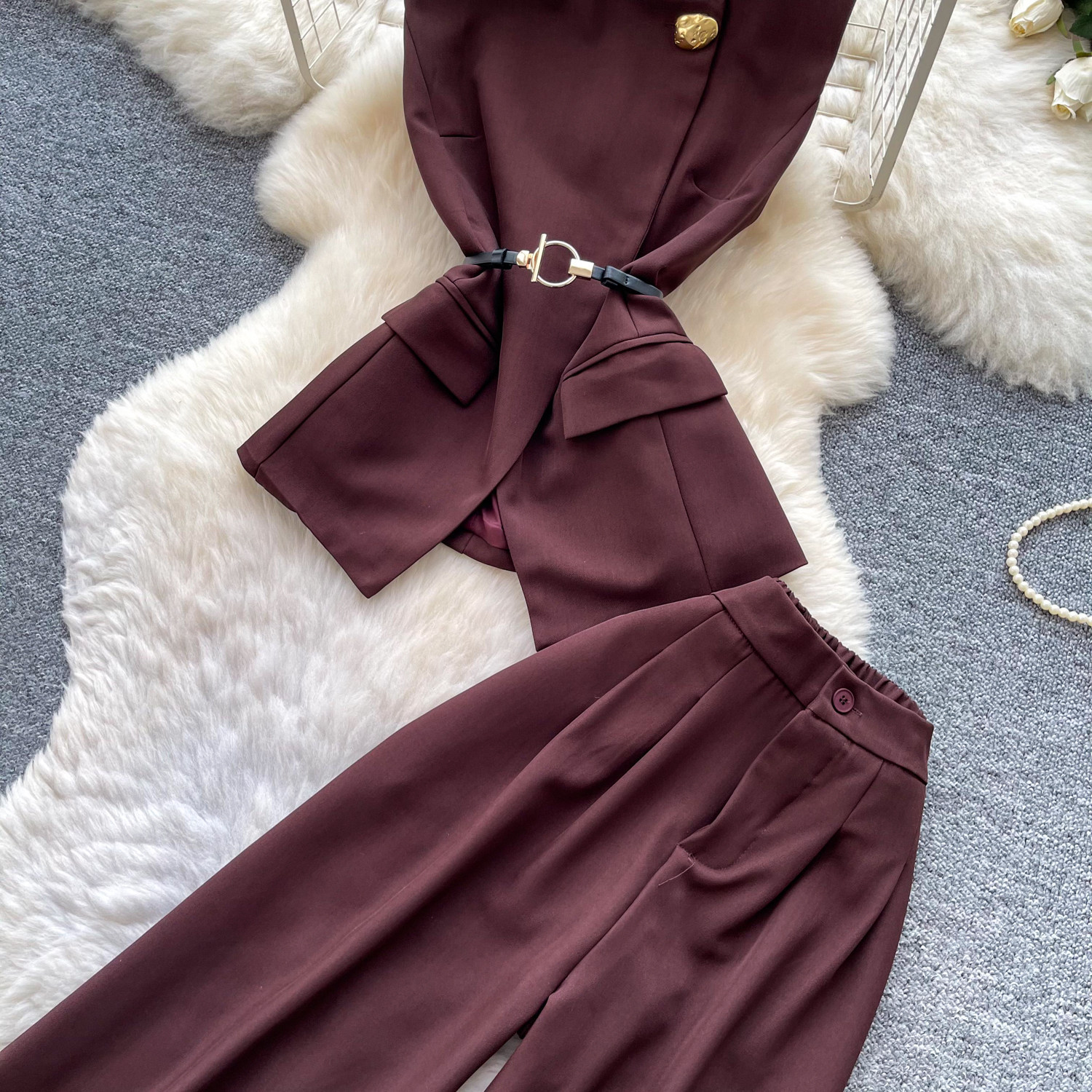 Korean Style Women's Cami Top And High-Waisted Wide Leg Pants Set - Summer Drawstring Waist Two Piece Outfit_ecoleips.com