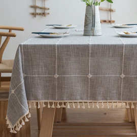 跨境简约日系棉麻桌布流苏布艺纯色提花格子餐桌布长方形盖巾台布