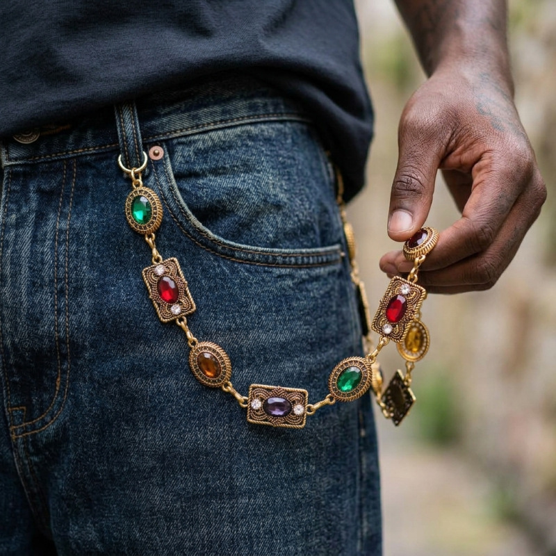 Cross-Border Foreign Trade Hip-Hop Niche Retro Jeans Chain Vintage Gemstone Pants Chain Men's Accessories Men's Waist Chain Pendant