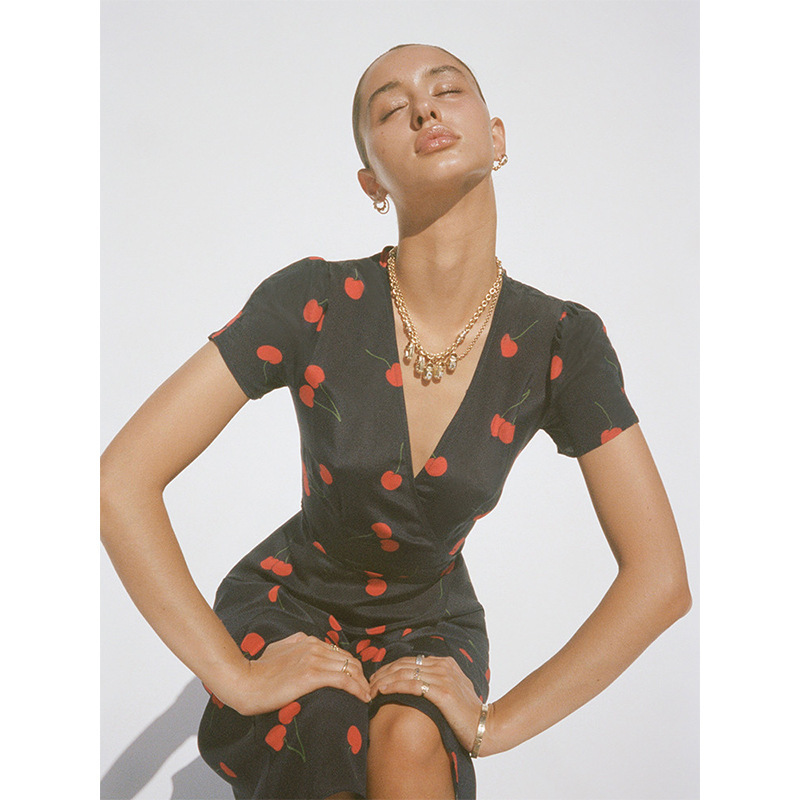 In-Stock 687Rea Silk Tea Break Dress Short-Sleeve V-Neck Dress with Tie Wrap Waist French Retro Style