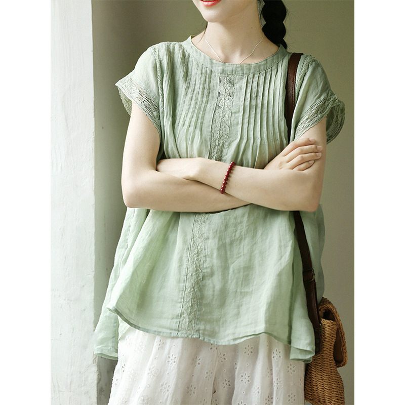 Gjcp Thin Ramie Lace Splicing Elegant Top Loose Versatile Loose Shirt for Women Xia Xin