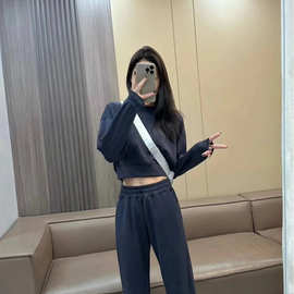 OVZ高腰短款圆领卫衣女 宽松落肩健身长袖上衣纯色休闲瑜伽运动服