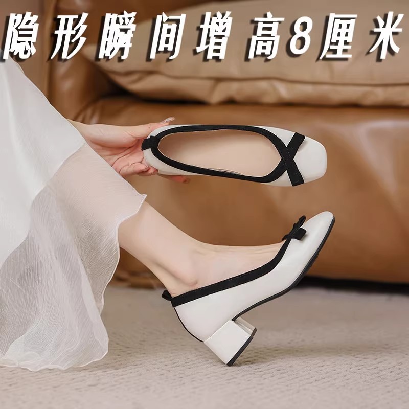 Mary Jane shoes heels with bow, Collection Year 2026, for teenagers, soft sole, wide stable heel, suitable with a skirt, french style
