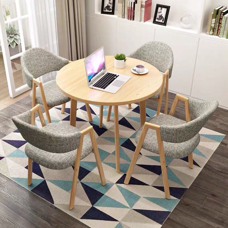 라이트 우드 컬러 데스크탑 + 라이트 플로럴 린넨 일체형 A자 의자