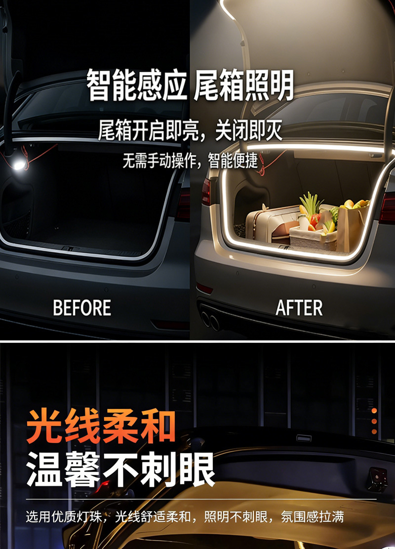 Universal Rear Trunk Light for All Car Models, Suv and Sedan Trunk Lighting, Ambient Light, Automatic Sensing Led Camping Light