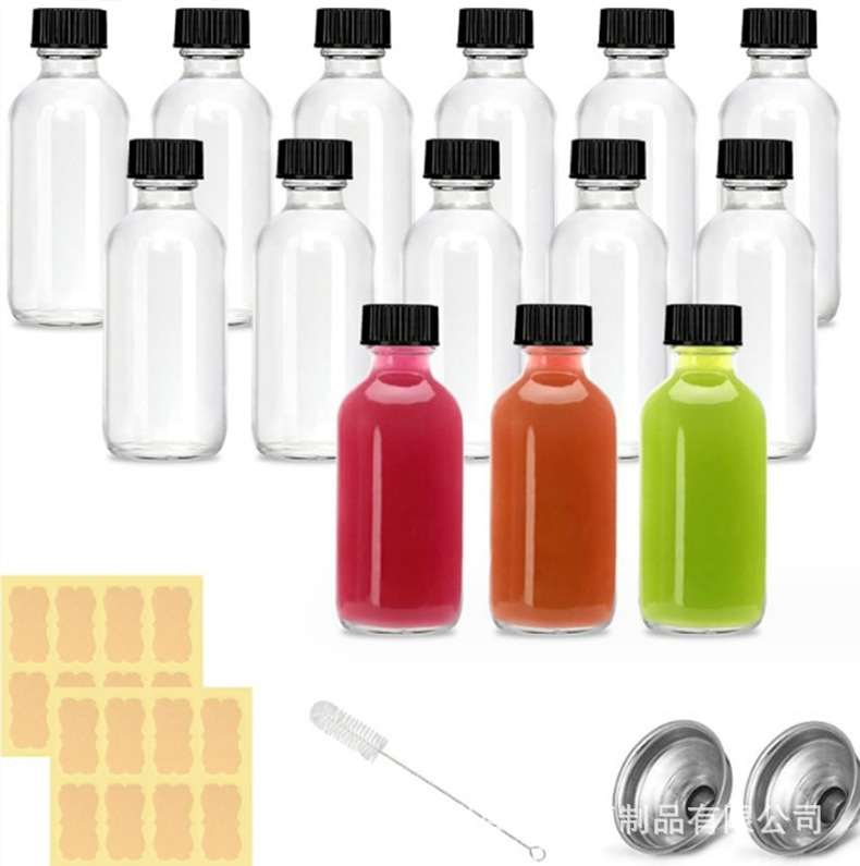 亚马逊32oz玻璃果汁瓶60ml带盖带漏斗波士顿饮料分装瓶透明玻璃瓶