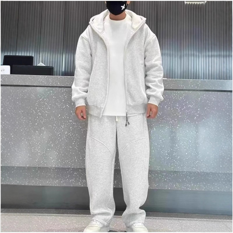 American Heavyweight Velvet Cardigan Hooded Sweatshirt Men's Trendy Fashion Casual Pants Loose Hooded Sweatshirt Two-Piece Suit