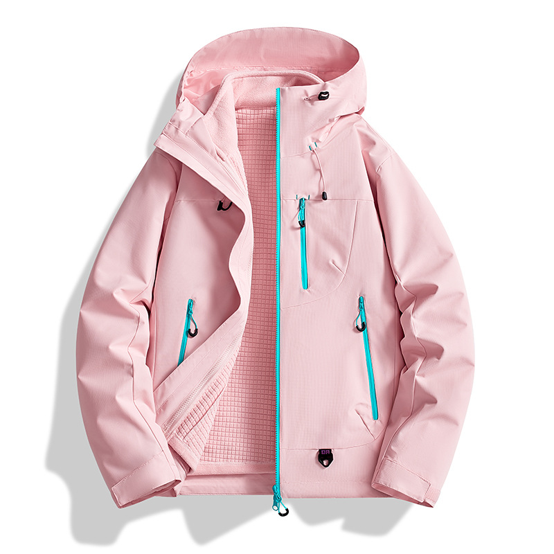 新款春秋冬户外连帽冲锋衣女防水保暖登山服保暖加厚摇粒羽绒内胆
