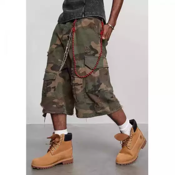 Cross-border CRICLE CAGE Ring Hole Four-Color Camo American Style Four-Pocket Summer Streetwear Cropped Loose Straight Shorts