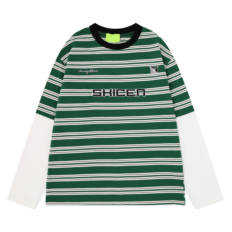 Men's green and white striped faux two-piece long-sleeve T-shirt, black collar, football-inspired, loose fit, suitable for autumn and winter, street style Men's green and white striped faux two-piece long-sleeve T-shirt, black collar, football-inspired, loose fit, suitable for autumn and winter, street style