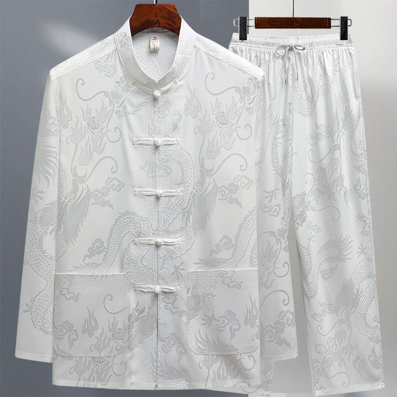 Men's Tang-style long-sleeved ice silk suit for spring and summer, retro style, suitable for middle-aged and elderly people, fathers, grandparents, and Tai Chi practitioners.