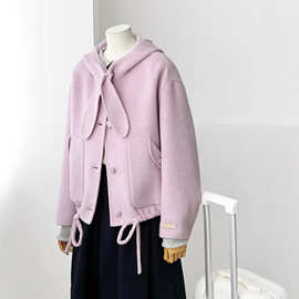 【霜白星缀】粉色紫色甜美清新百搭通勤休闲羊毛大衣外套HL153