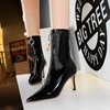 Slim heel pointed high heel SHINY PATENT LEATHER front zipper skinny boots short boots