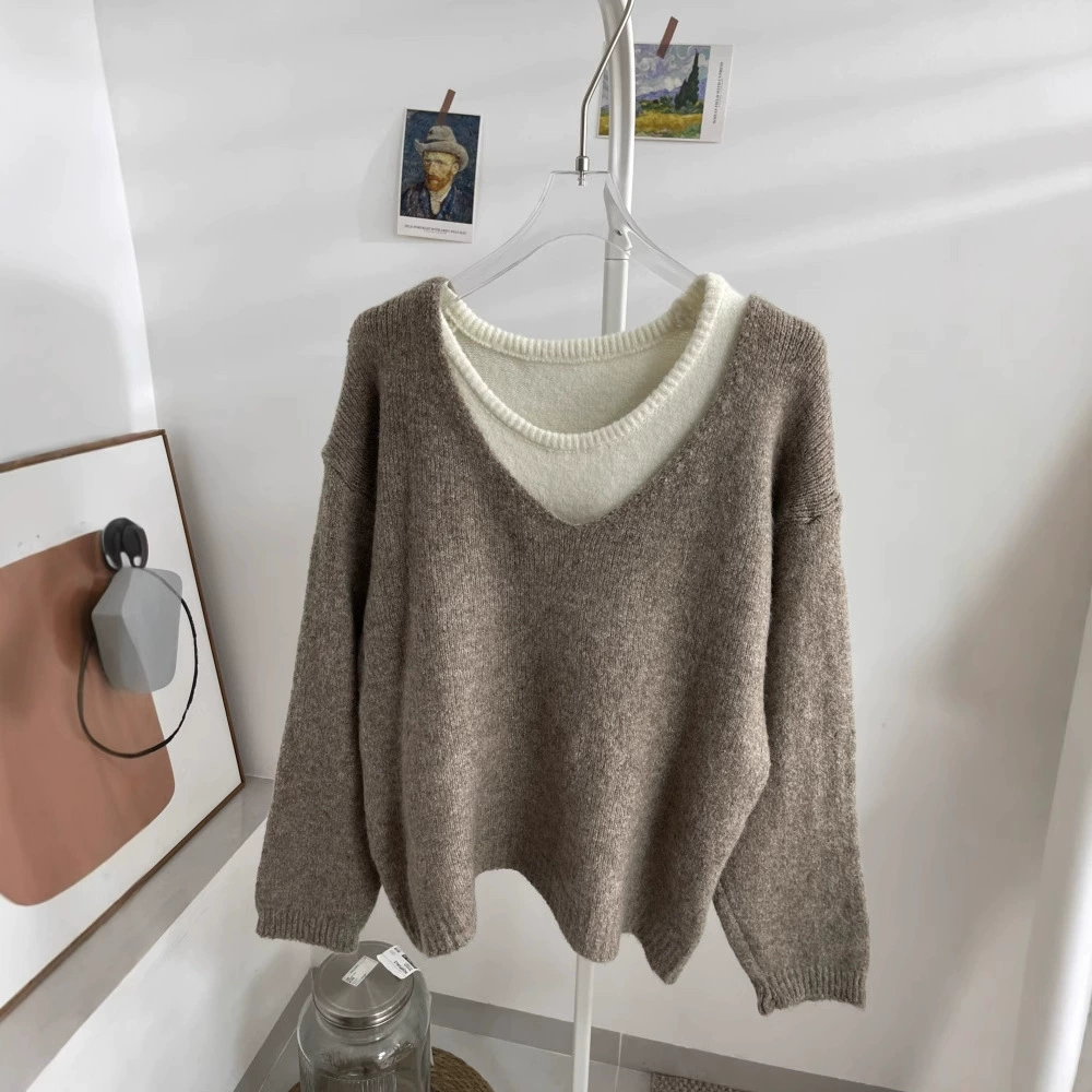 Дизайн с V-образным вырезом из двух частей трикотажный свитер женский осенний и зимний корейский тонкий внутренний повседневный нижний топ 4928