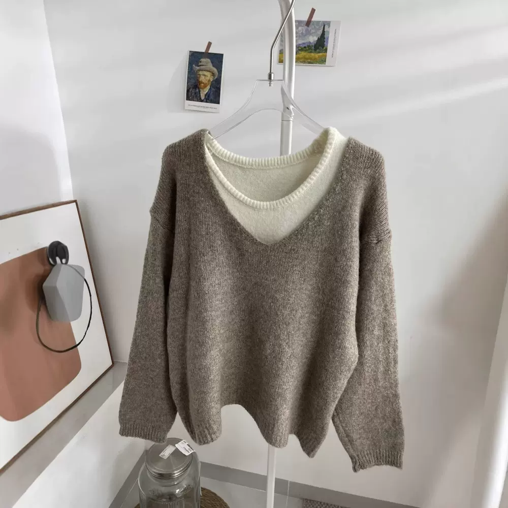 设计感V领两件套针织衫毛衣女秋冬韩系修身内搭休闲打底上衣4928