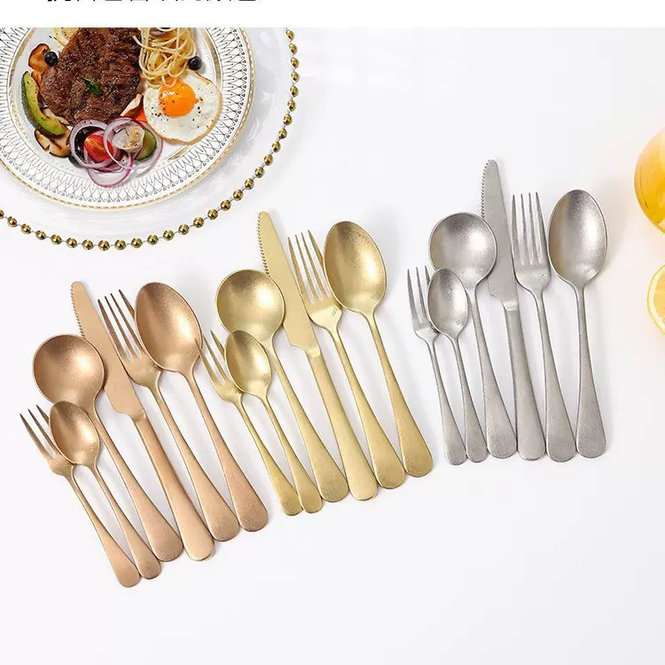 银貂托尼做旧西餐刀叉勺 不锈钢304复古雪花砂牛排套装酒店咖啡勺