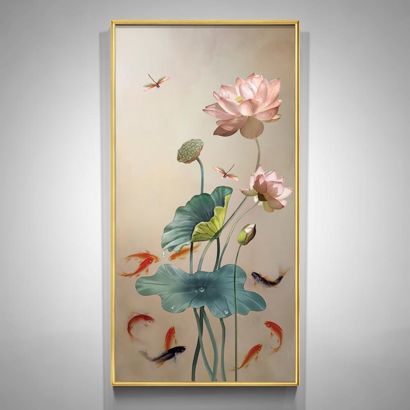 蓮と魚の絵スプレー油絵玄関装飾絵画垂直バージョン新中国風のリビングルームライト高級ハイエンド吊り絵画|undefined