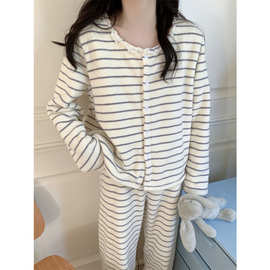 2025韩系条纹简约舒适毛绒睡衣套装休闲家居服