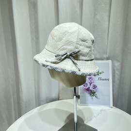 日系甜美格纹蝴蝶结渔夫帽子女春夏小清新花朵刺绣盆帽防晒遮阳帽