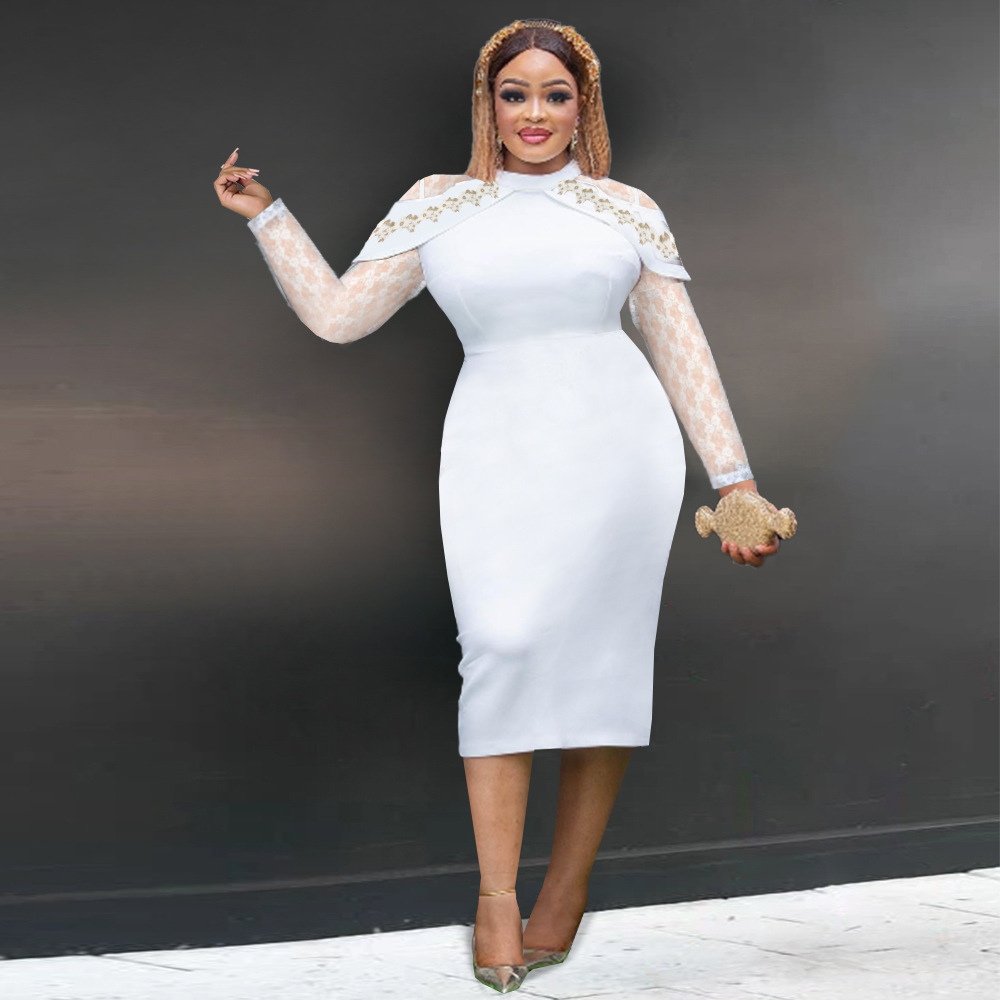 Abito in pizzo floreale da donna, temperamento elegante, piccolo colletto alto, gonna lunga fino alla vita, vestito_voghion.com