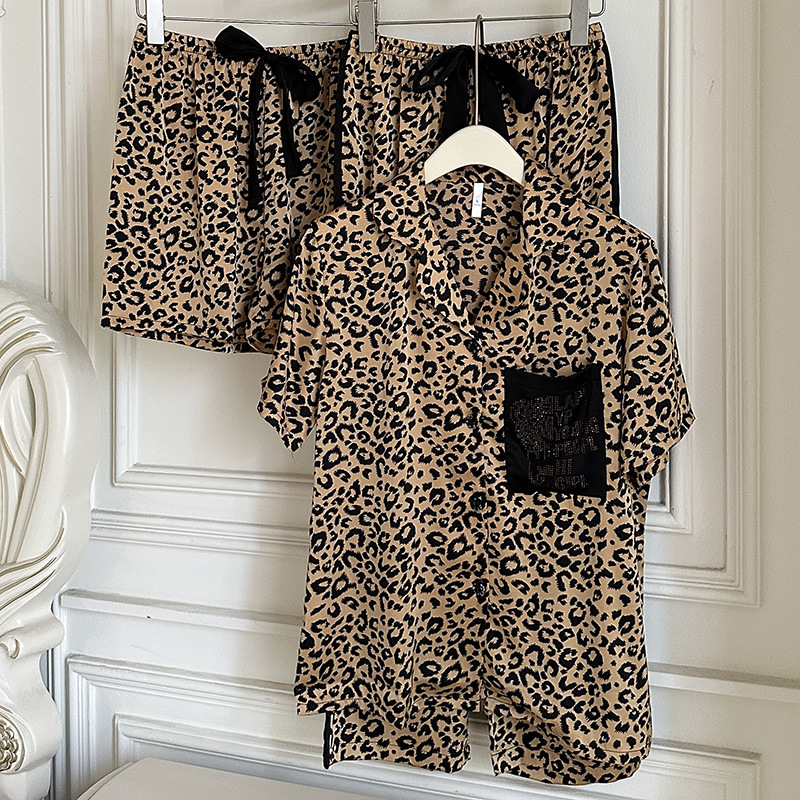 2026 New Ice Silk Pajamas for Women, Short-Sleeved Long Pants, Rhinestone Leopard Print Cardigan Three-Piece Set, Thin and Loose Loungewear