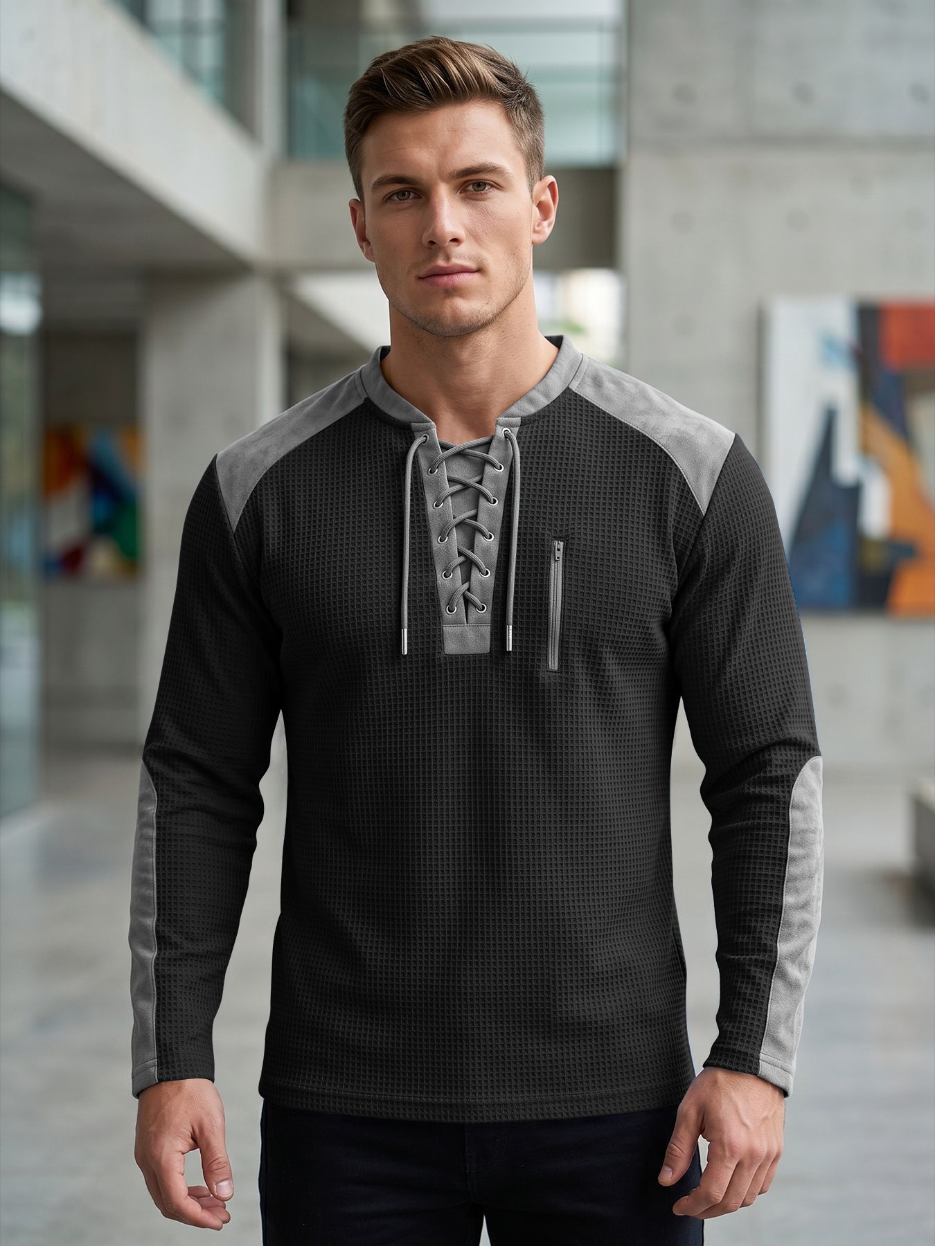Europa y Estados Unidos transfronterizos hombres primavera y otoño correa chaqueta de color waffle manga larga ocio comercio exterior deporte chaqueta transpirable