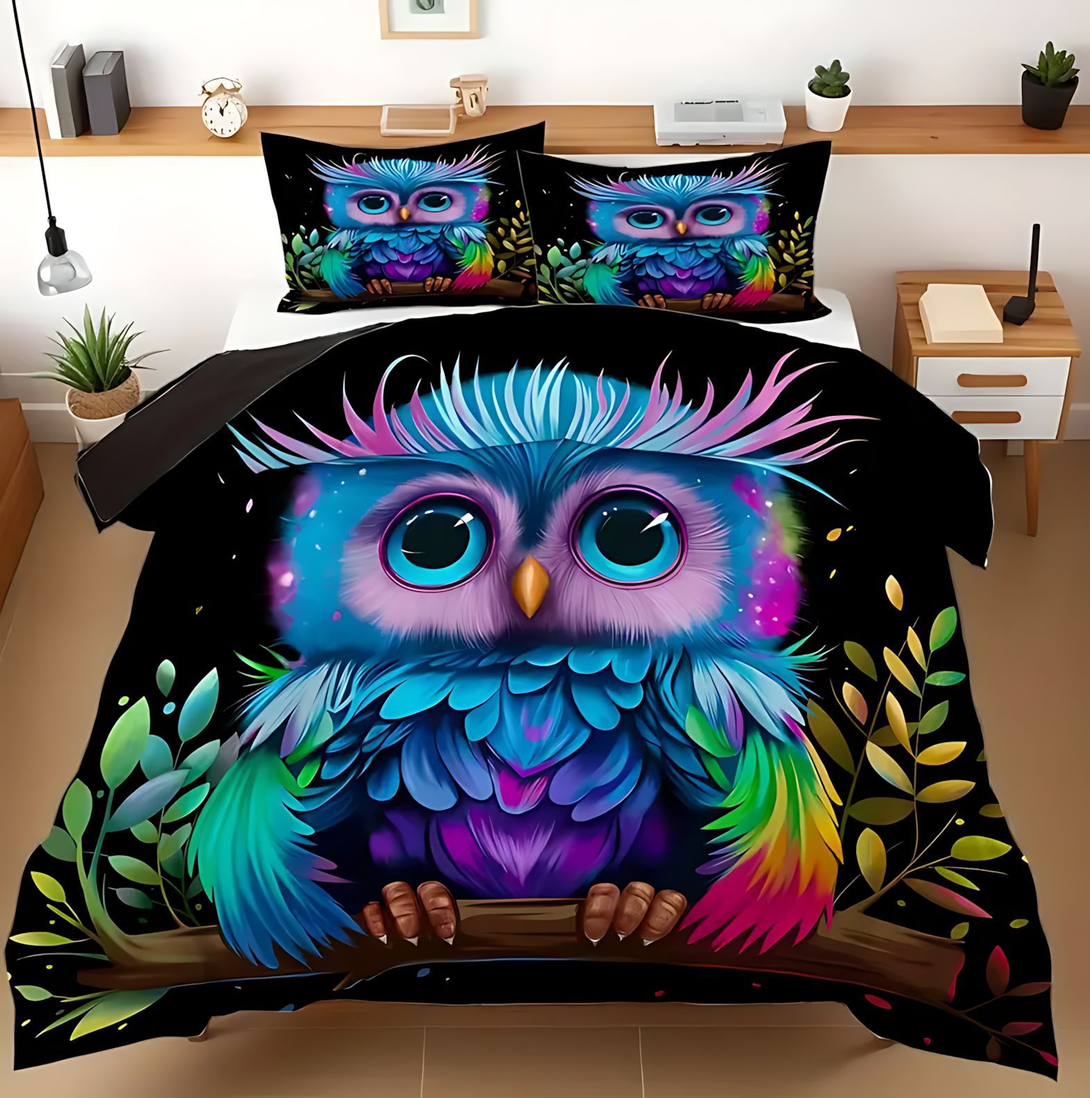 Temas de dibujos animados TEMU / JIT de comercio exterior búho impresión digital 3D cubierta de edredón con kit de cama para dibujar se puede hacer