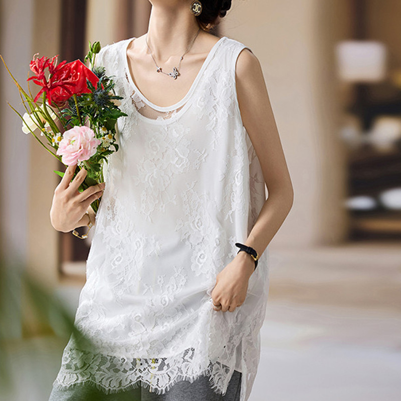 2025 Japanese and Korean Summer Fashion Mid-Length Lace Vest Women's European Station Plus Size Tops
