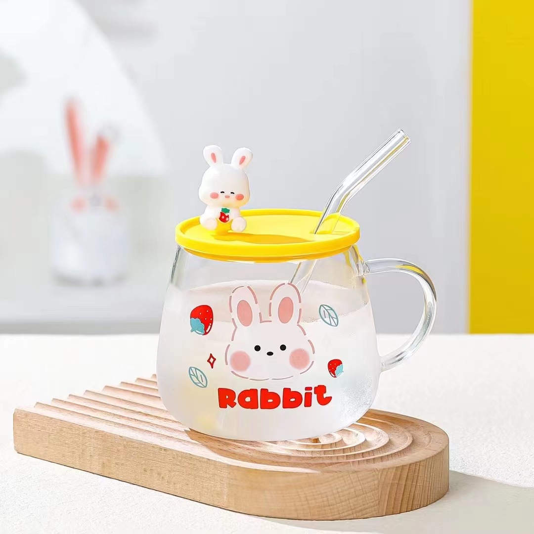 Creativo lindo conejo de dibujos animados de vidrio taza de agua regalo personalizado taza de paja de alto aspecto simple muñeca taza