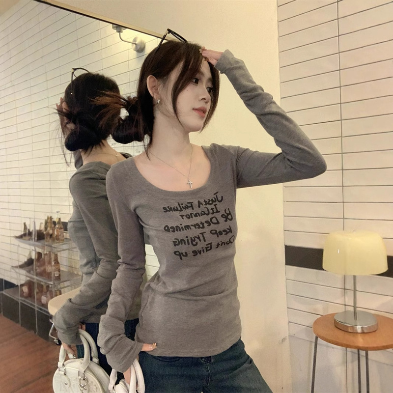 Yeyuan Spice Girl Design Sense U-Neck Letter Printed Long-Sleeved T-Shirt Women's Autumn Grey Slim-Fit Inner Base Top Autumn