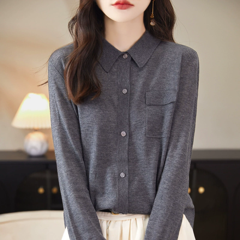 2024 весна и лето новый polo воротник камвольная шерстяная рубашка женская свободная темперамент вязаный кардиган с тонкой рубашкой