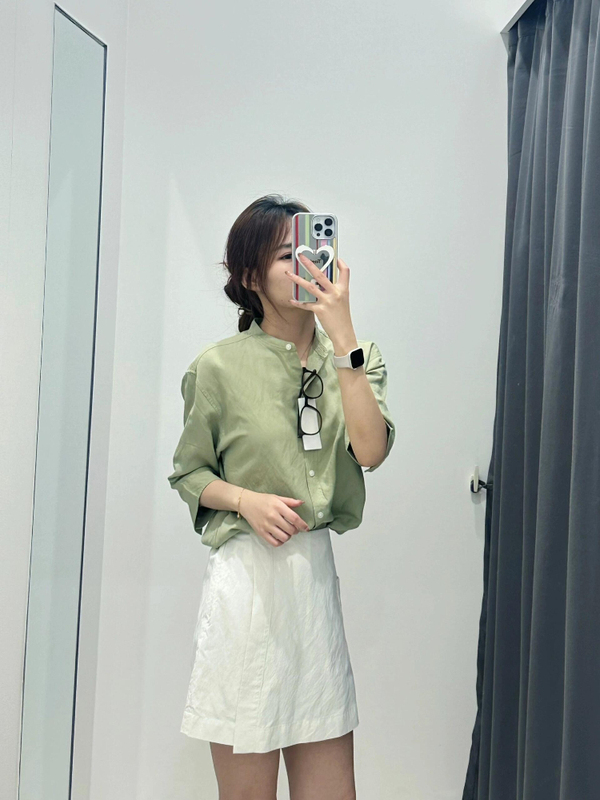 URAZ Women's Linen Blend Collar Shirt with 7 Sleeves Shirt Top Air-conditioning Shirt Thin Jacket 475653