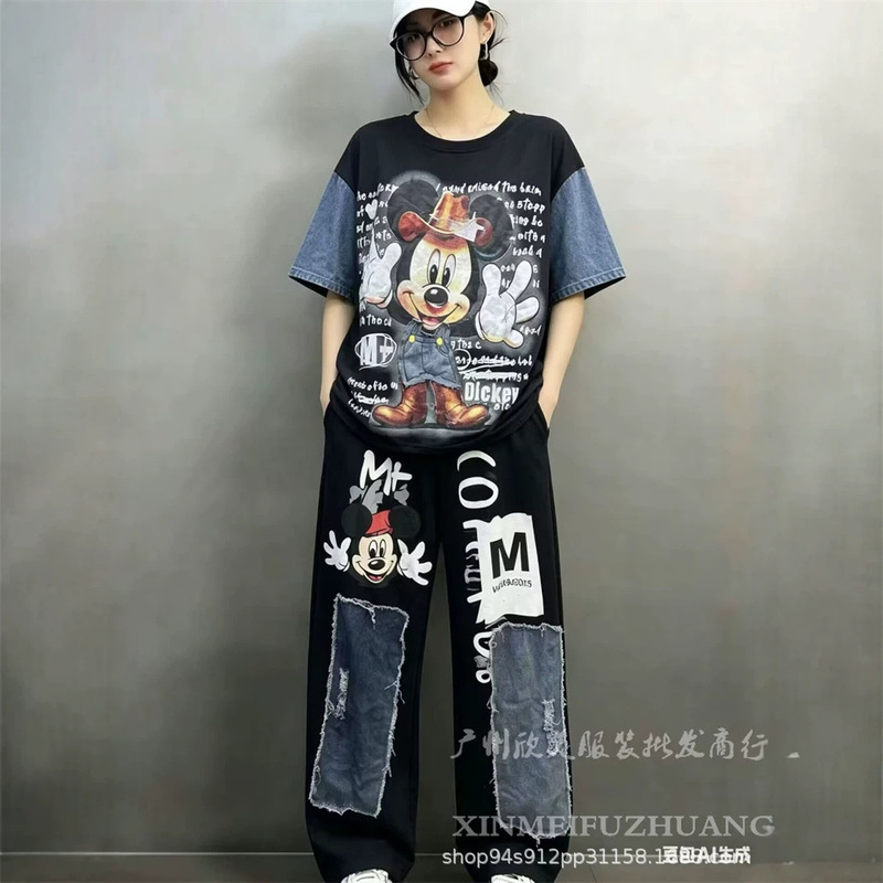 Cross-Border Casual Cartoon Mickey Print Set for Women, Summer Loose Short-Sleeve T-Shirt and Wide-Leg Pants Two-Piece Set, Trendy Fashion