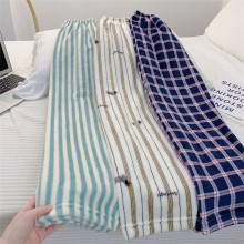 源头厂冬季法兰绒睡裤睡衣女情侣简约条纹可爱珊瑚绒男家居裤卡通